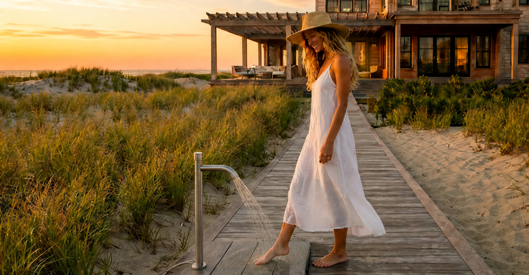 Woman using a Foot Fountain on a beach house boardwalk